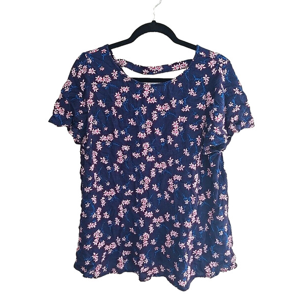 Lane Bryant Tunic Blouse Women Blue White Floral Cutout Flutter Sleeve 18/20 - Picture 1 of 4